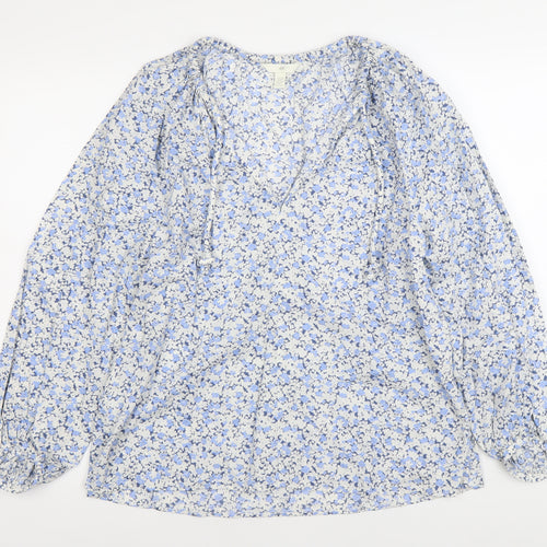 H&M Womens Blue Floral Cotton Tunic Blouse XS Long Sleeve
