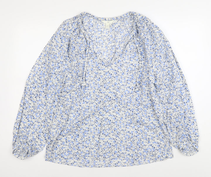 H&M Womens Blue Floral Cotton Tunic Blouse XS Long Sleeve