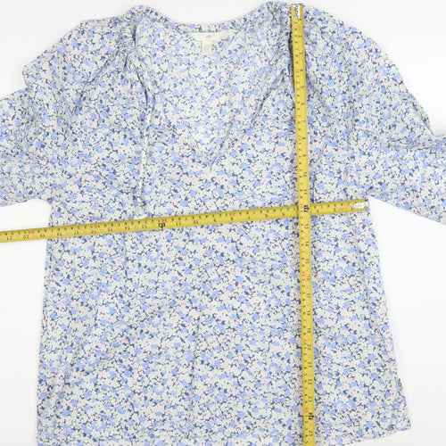 H&M Womens Blue Floral Cotton Tunic Blouse XS Long Sleeve