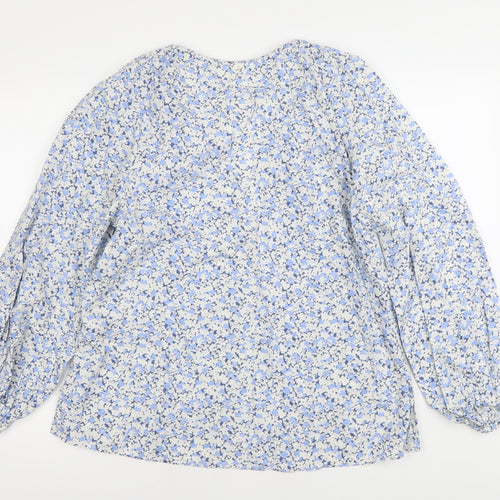 H&M Womens Blue Floral Cotton Tunic Blouse XS Long Sleeve