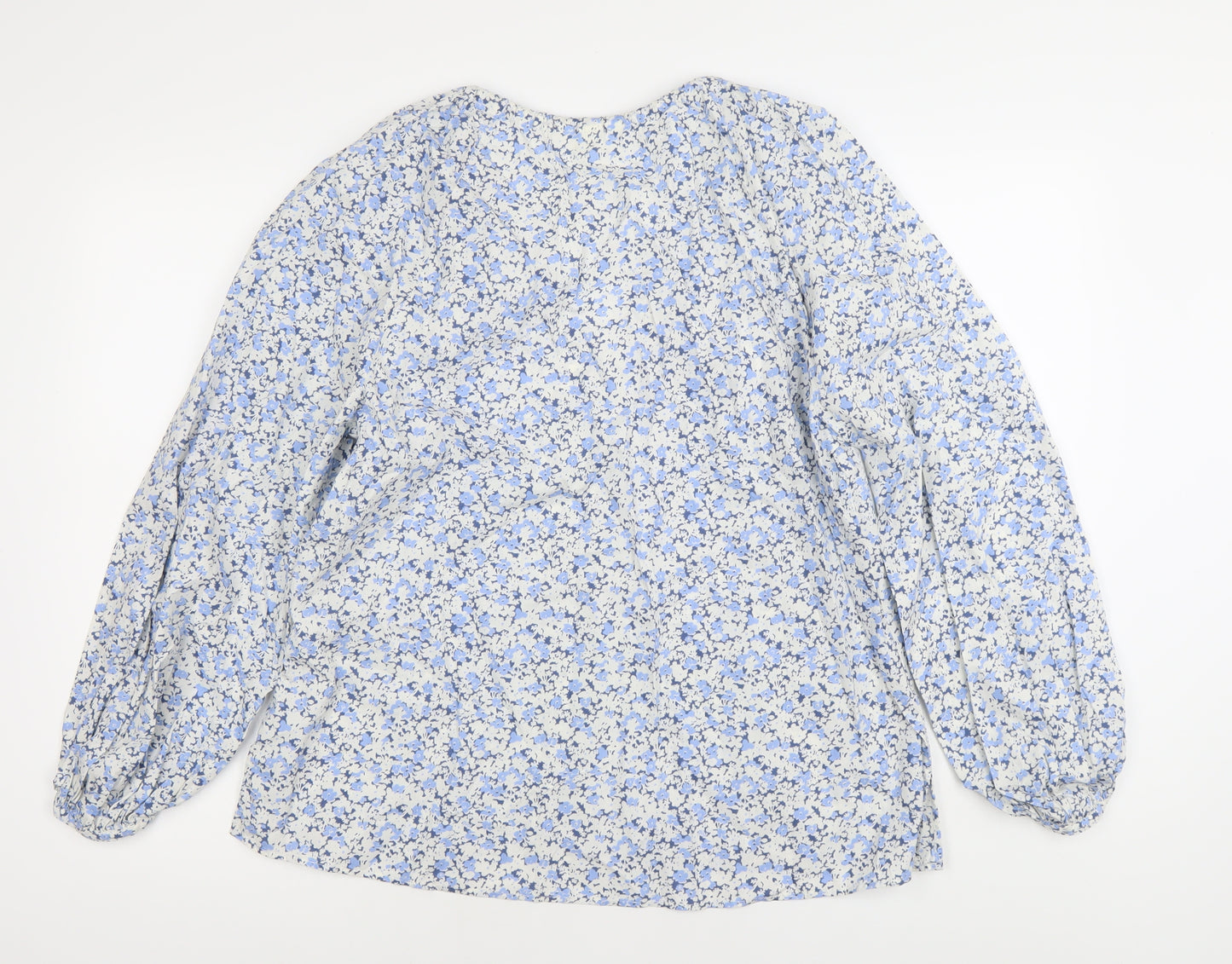 H&M Womens Blue Floral Cotton Tunic Blouse XS Long Sleeve