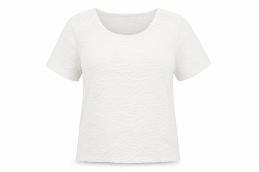 Front view of Isle Collection women’s ivory short sleeve scoop neck t-shirt, size UK 10-12