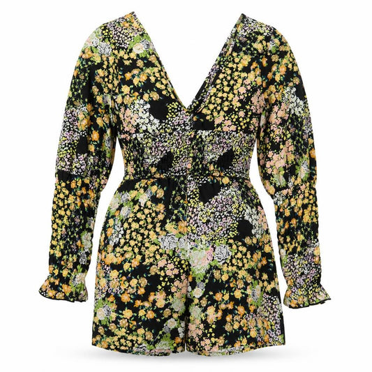 Front view of ASOS women’s multicoloured floral v-neck long sleeve playsuit, size UK 8
