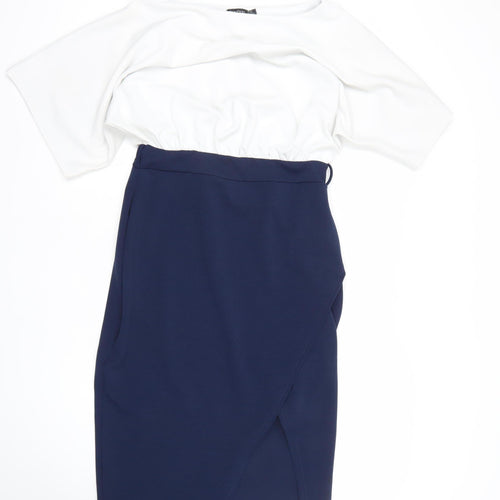 Boohoo Women’s White & Navy Bodycon Off Shoulder Dress Size 14