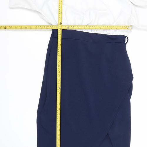 Boohoo Women’s White & Navy Bodycon Off Shoulder Dress Size 14