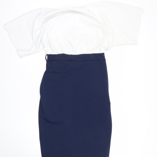 Boohoo Women’s White & Navy Bodycon Off Shoulder Dress Size 14
