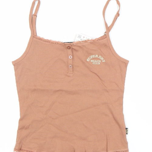 Superdry Womens Brown Lace Trim Tank Top Size 12 Slim Fit Camisole