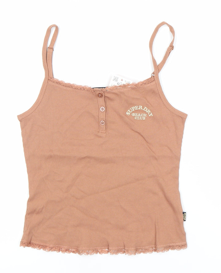 Superdry Womens Brown Lace Trim Tank Top Size 12 Slim Fit Camisole