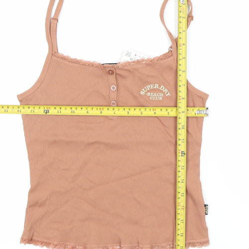 Superdry Womens Brown Lace Trim Tank Top Size 12 Slim Fit Camisole