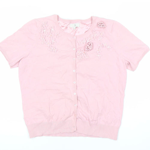 CC Women’s Pink Floral Cardigan L Short Sleeve Knit Crew Neck