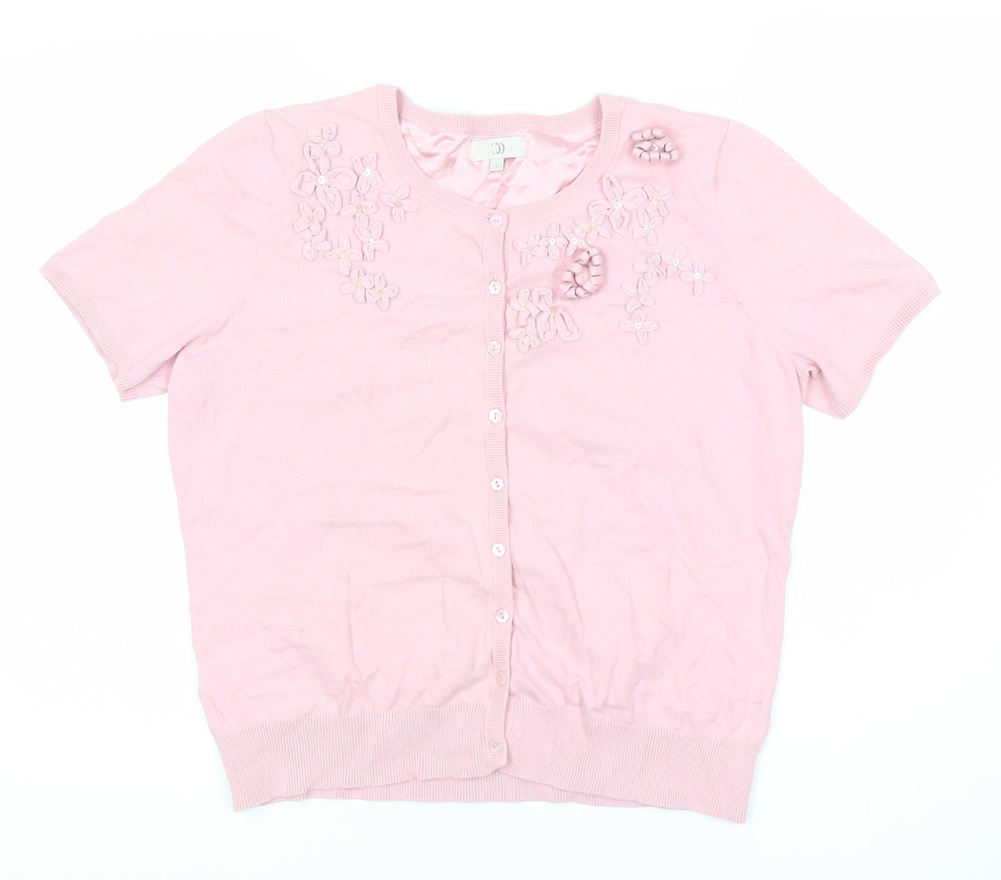 CC Women’s Pink Floral Cardigan L Short Sleeve Knit Crew Neck
