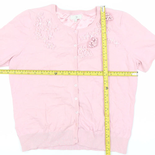 CC Women’s Pink Floral Cardigan L Short Sleeve Knit Crew Neck