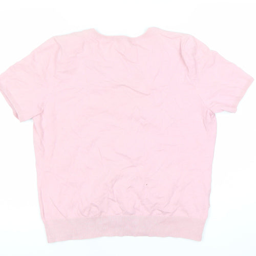 CC Women’s Pink Floral Cardigan L Short Sleeve Knit Crew Neck