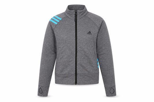 Front view of Adidas women’s grey track jacket, size UK 10 slim, fit lightweight sportswear