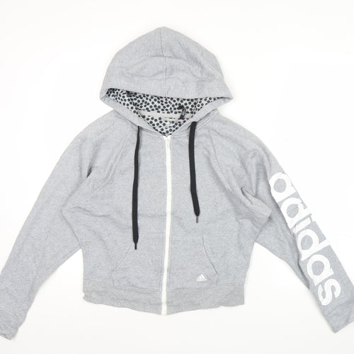 Adidas Womens Grey Full Zip Hoodie Size 6 UK Logo Print Cotton Blend