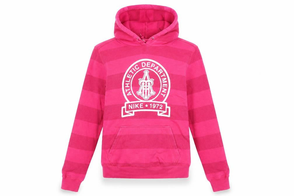 Front view of Nike Women’s Pink Hoodie Pullover, size L, Graphic Athletic Dept 1972