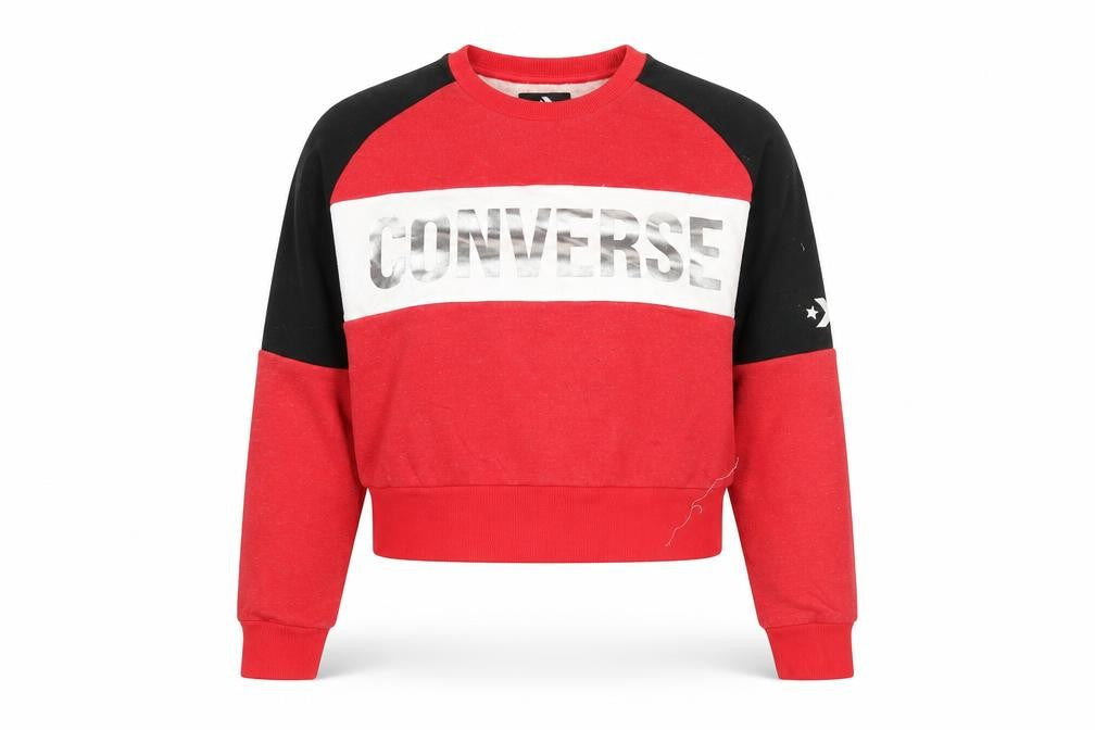 Front view of Converse Women Red Black White Pullover Sweatshirt, size M, Crew Neck Logo