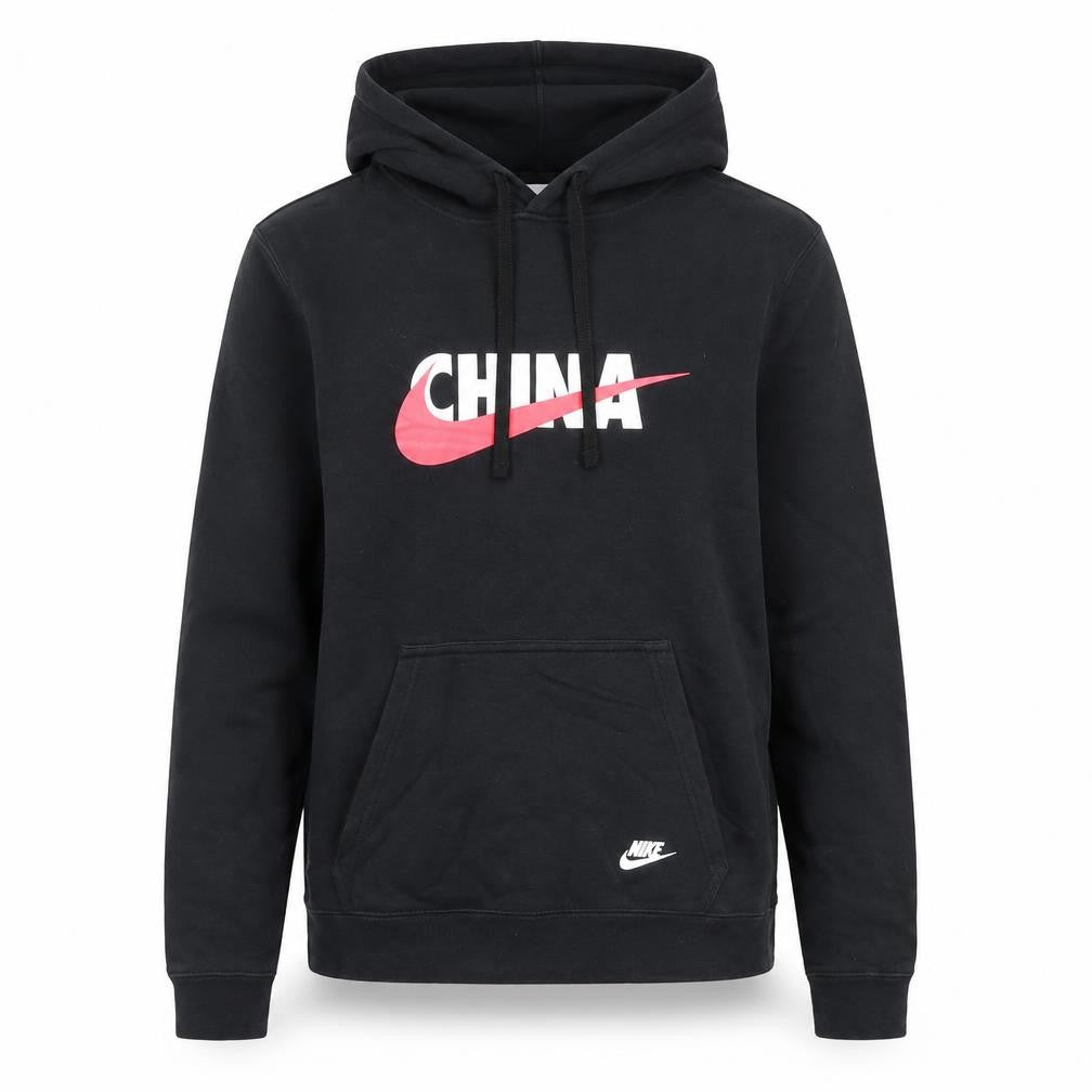 Front view of Nike women’s black xs pullover hoodie china logo cotton blend