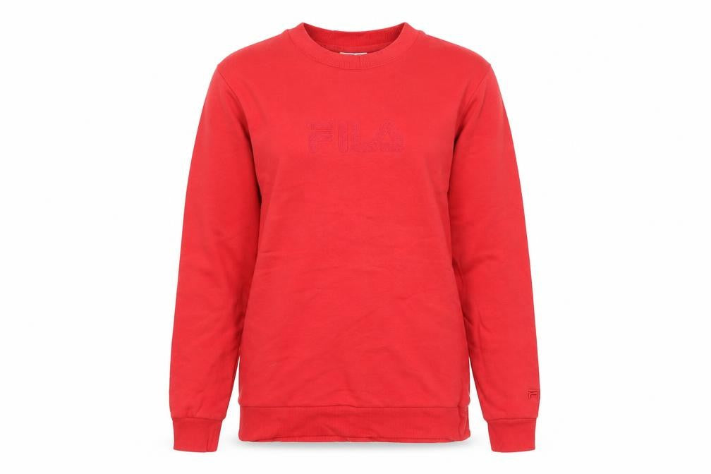 Front view of Fila Women’s Red Pullover Sweatshirt, size UK 8, Logo Casual Long Sleeve