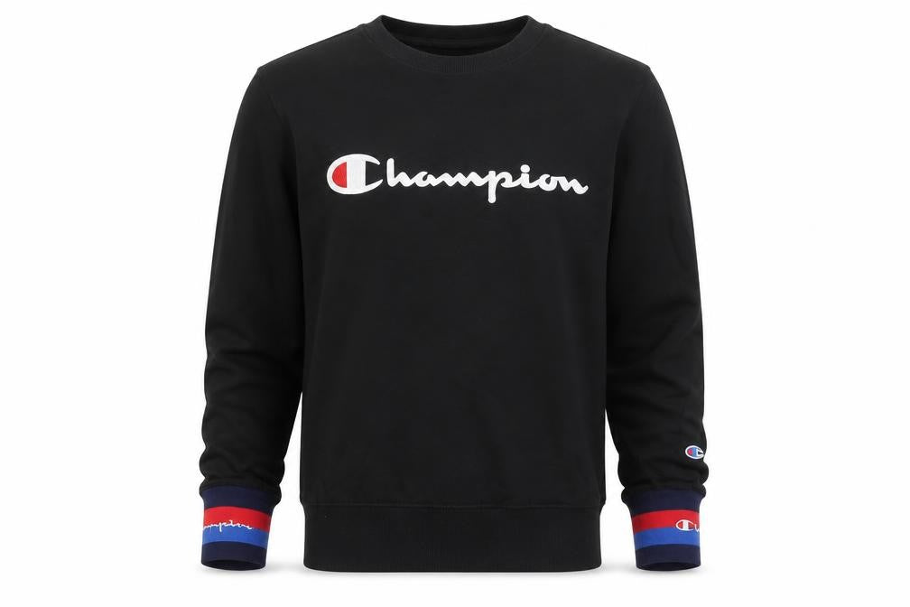 Front view of Champion men’s black small sweatshirt pullover crew neck logo
