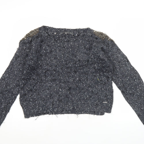 Guess Women Grey Beaded Crew Neck Chunky Knit Jumper Size 12