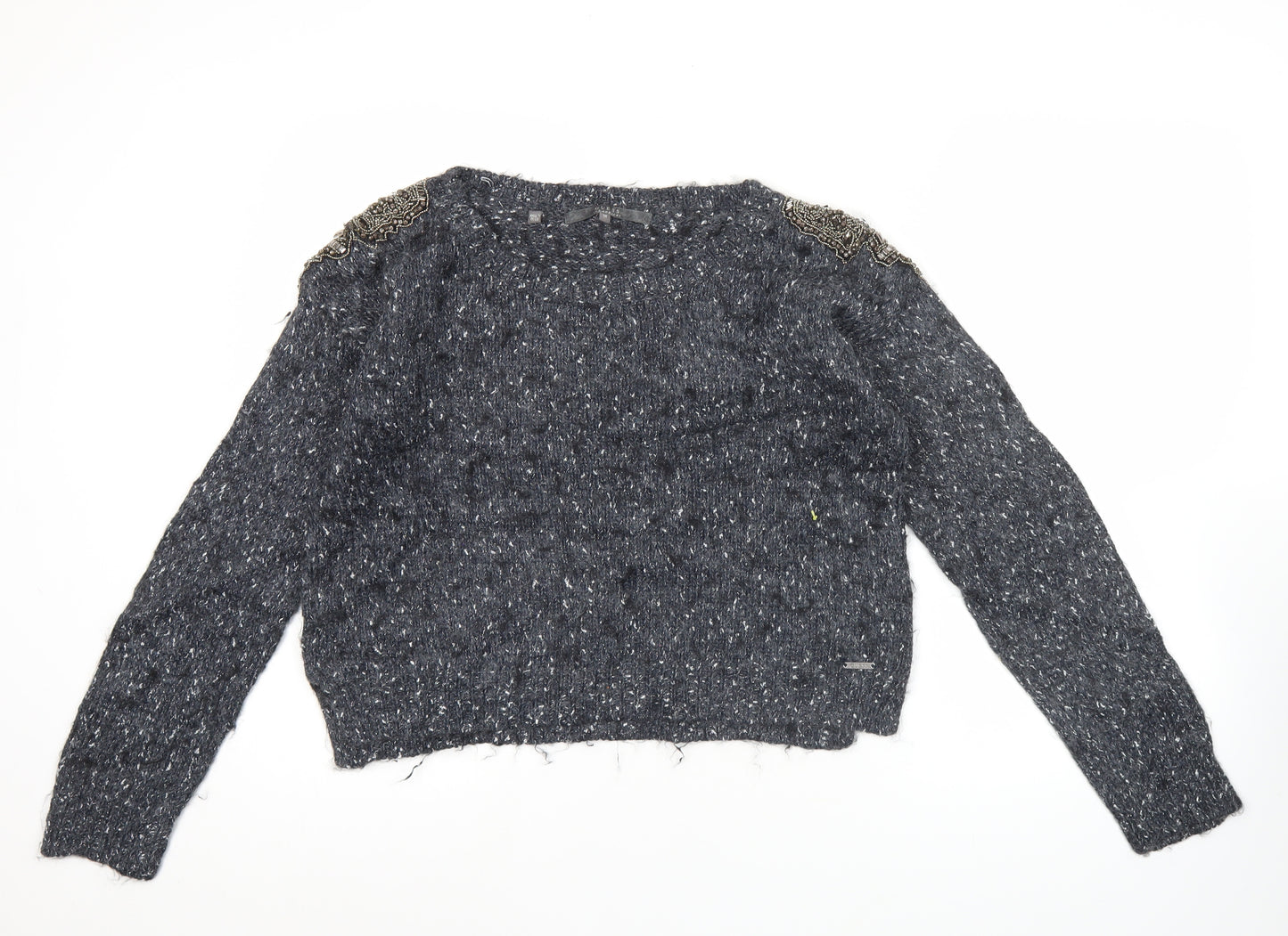 Guess Women Grey Beaded Crew Neck Chunky Knit Jumper Size 12