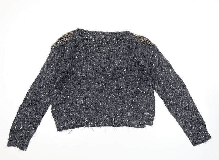Guess Women Grey Beaded Crew Neck Chunky Knit Jumper Size 12