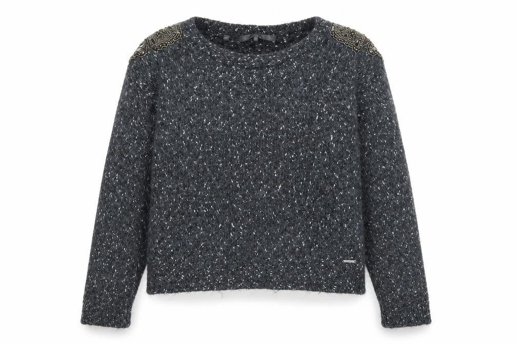Guess Women Grey Beaded Crew Neck Chunky Knit Jumper Size 12