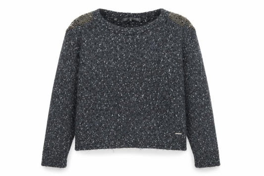 Front view of Guess Women Grey Beaded Crew Neck Chunky Knit Jumper, size 12