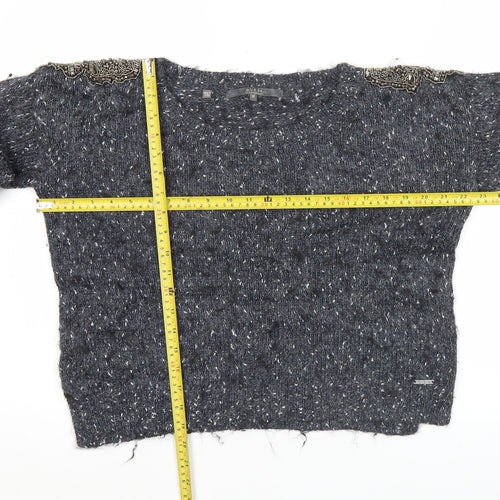 Guess Women Grey Beaded Crew Neck Chunky Knit Jumper Size 12
