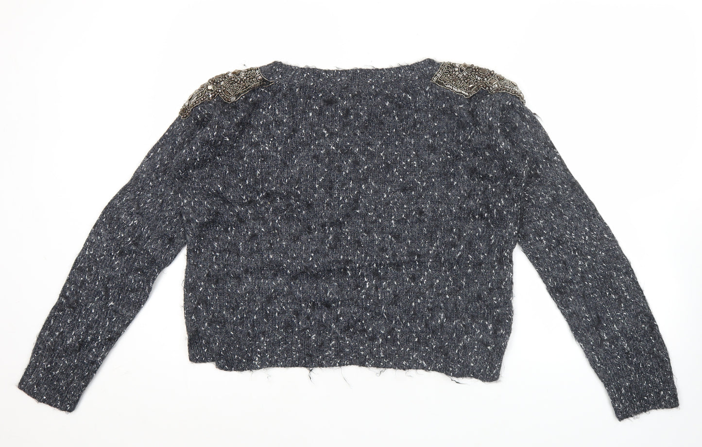 Guess Women Grey Beaded Crew Neck Chunky Knit Jumper Size 12