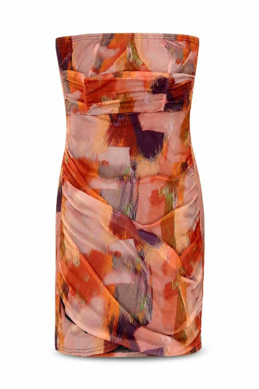 Front view of PRETTYLITTLETHING Women’s Multicoloured Bodycon Strapless Ruched Dress, size UK 16