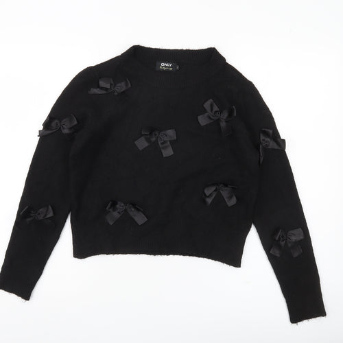 ONLY Womens Black XS Bow Accent Crew Neck Knit Jumper