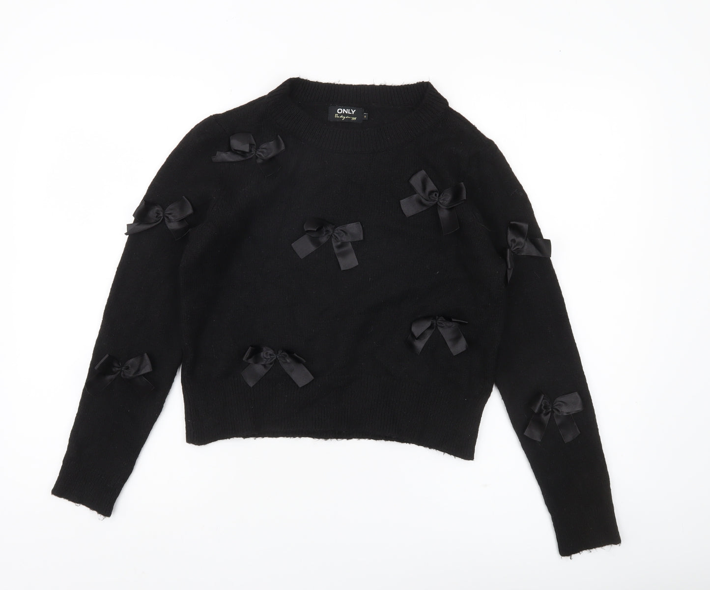 ONLY Womens Black XS Bow Accent Crew Neck Knit Jumper
