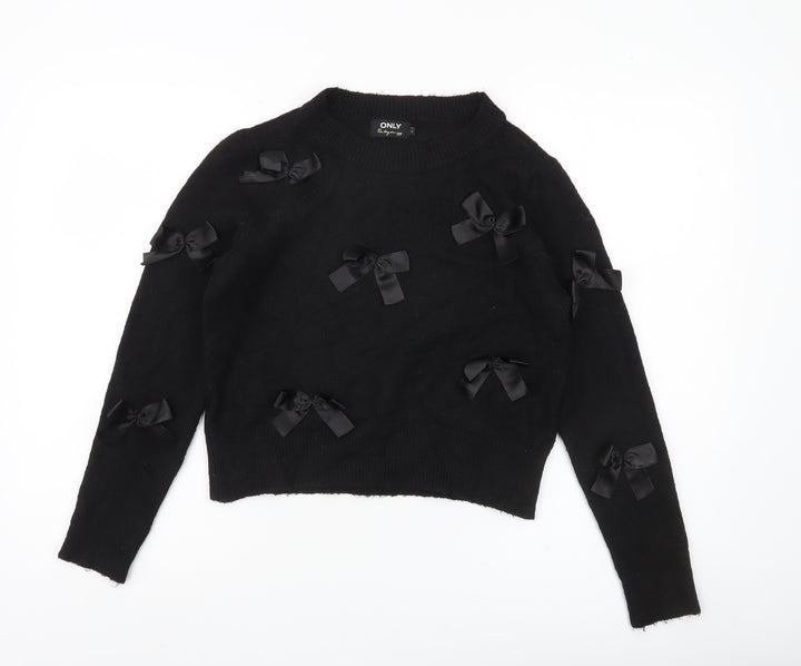 ONLY Womens Black XS Bow Accent Crew Neck Knit Jumper