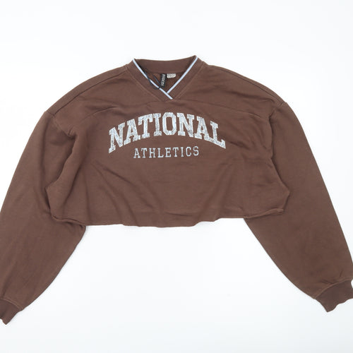 H&M Divided Women’s Brown Cropped Sweatshirt Size 12 V-Neck Logo Print