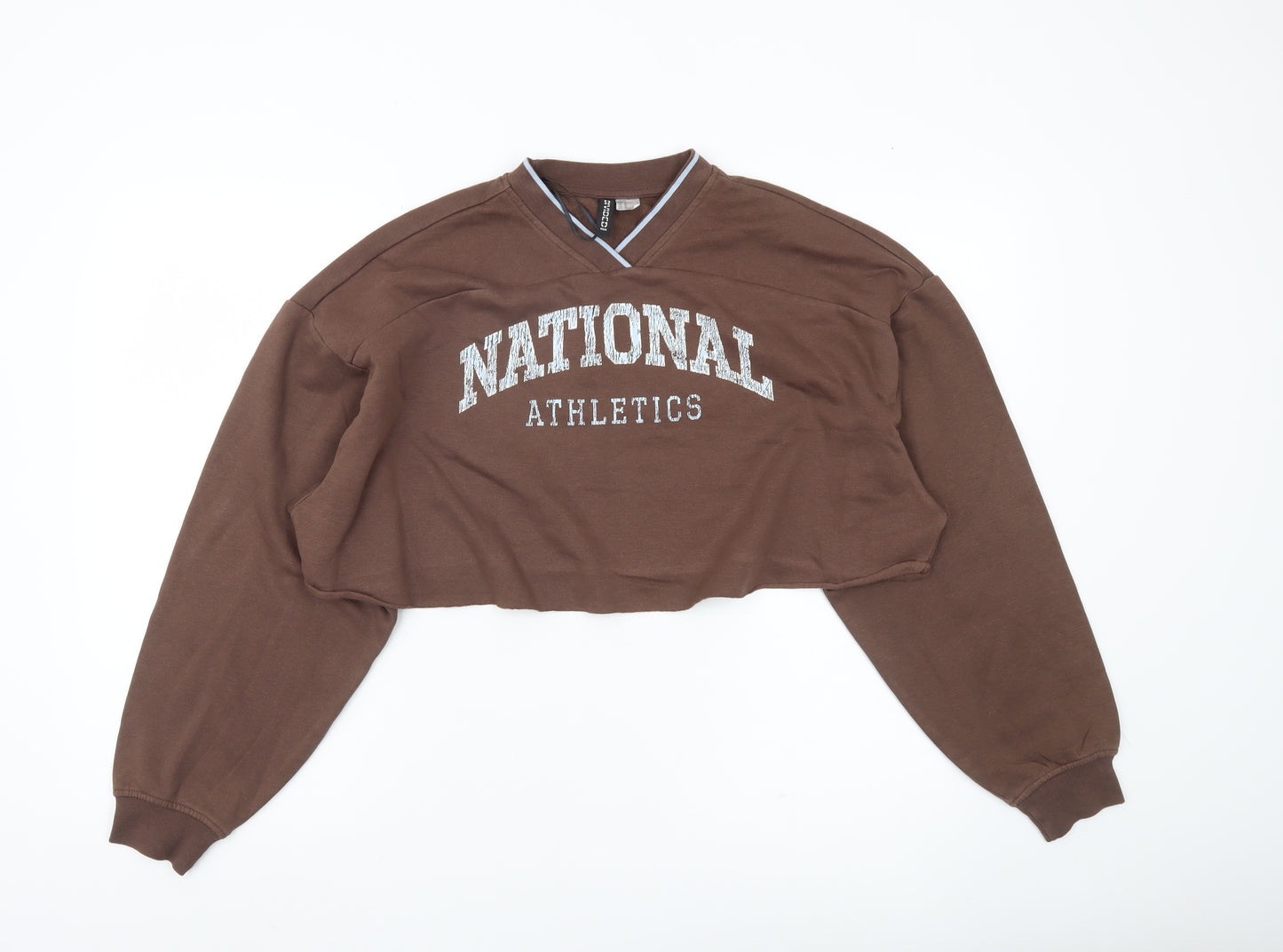 H&M Divided Women’s Brown Cropped Sweatshirt Size 12 V-Neck Logo Print