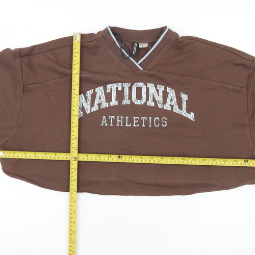 H&M Divided Women’s Brown Cropped Sweatshirt Size 12 V-Neck Logo Print
