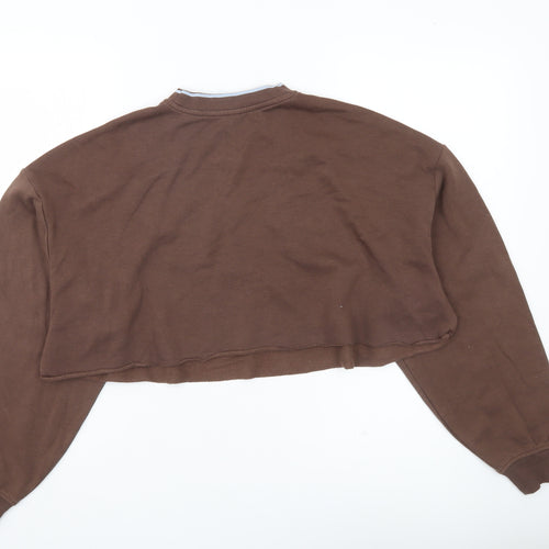 H&M Divided Women’s Brown Cropped Sweatshirt Size 12 V-Neck Logo Print
