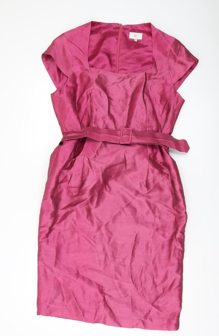 CC Women Pink Linen Sheath Knee Length Dress Size 14 Belted