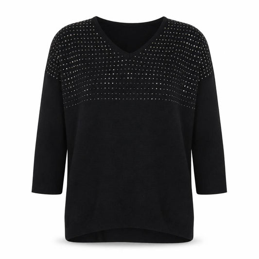 Front view of Quiz Women’s Black Rhinestone V-Neck jumper, size S