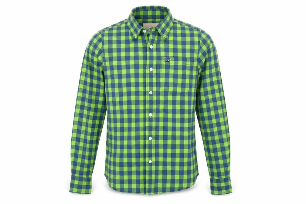 Hollister Men's Green Blue Check Slim Fit Button-Up Shirt S
