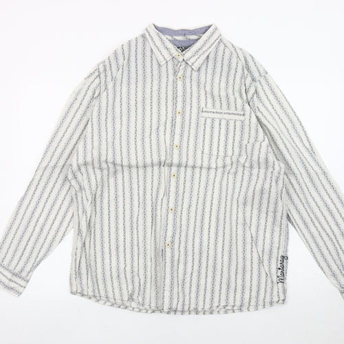 Nianary Men’s White Striped Cotton Button-Up Shirt Size L