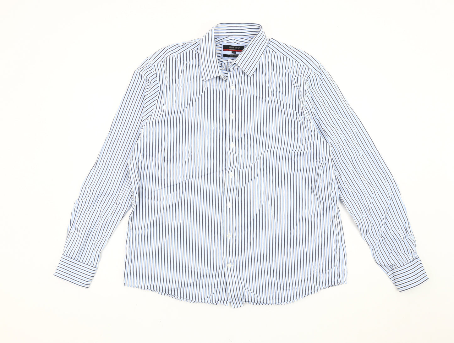 Pierre Cardin Men’s Blue Striped Cotton Long Sleeve 16.5 Button-Up Shirt