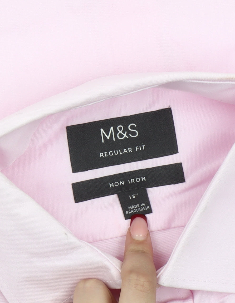 Marks and Spencer Men's Pink 15 Regular Fit Non-Iron Cotton Shirt
