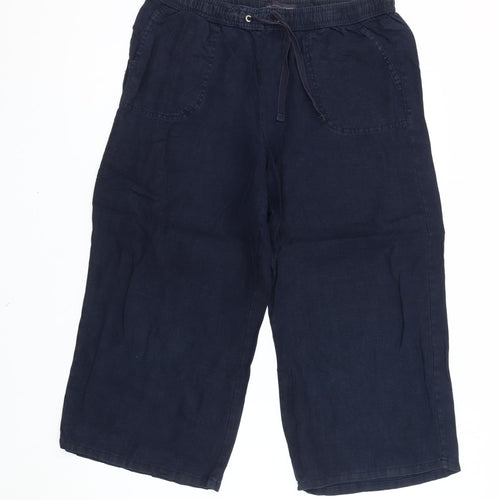 Marks and Spencer Womens Blue Linen Cropped Wide-Leg Trousers Size 14