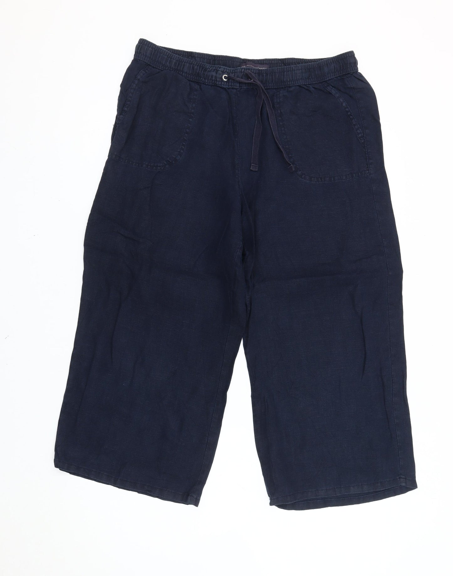 Marks and Spencer Womens Blue Linen Cropped Wide-Leg Trousers Size 14