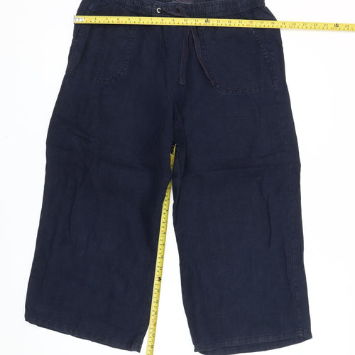 Marks and Spencer Womens Blue Linen Cropped Wide-Leg Trousers Size 14