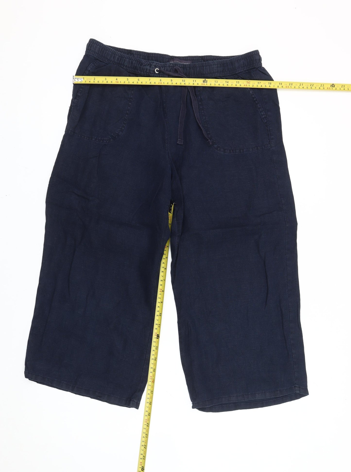 Marks and Spencer Womens Blue Linen Cropped Wide-Leg Trousers Size 14