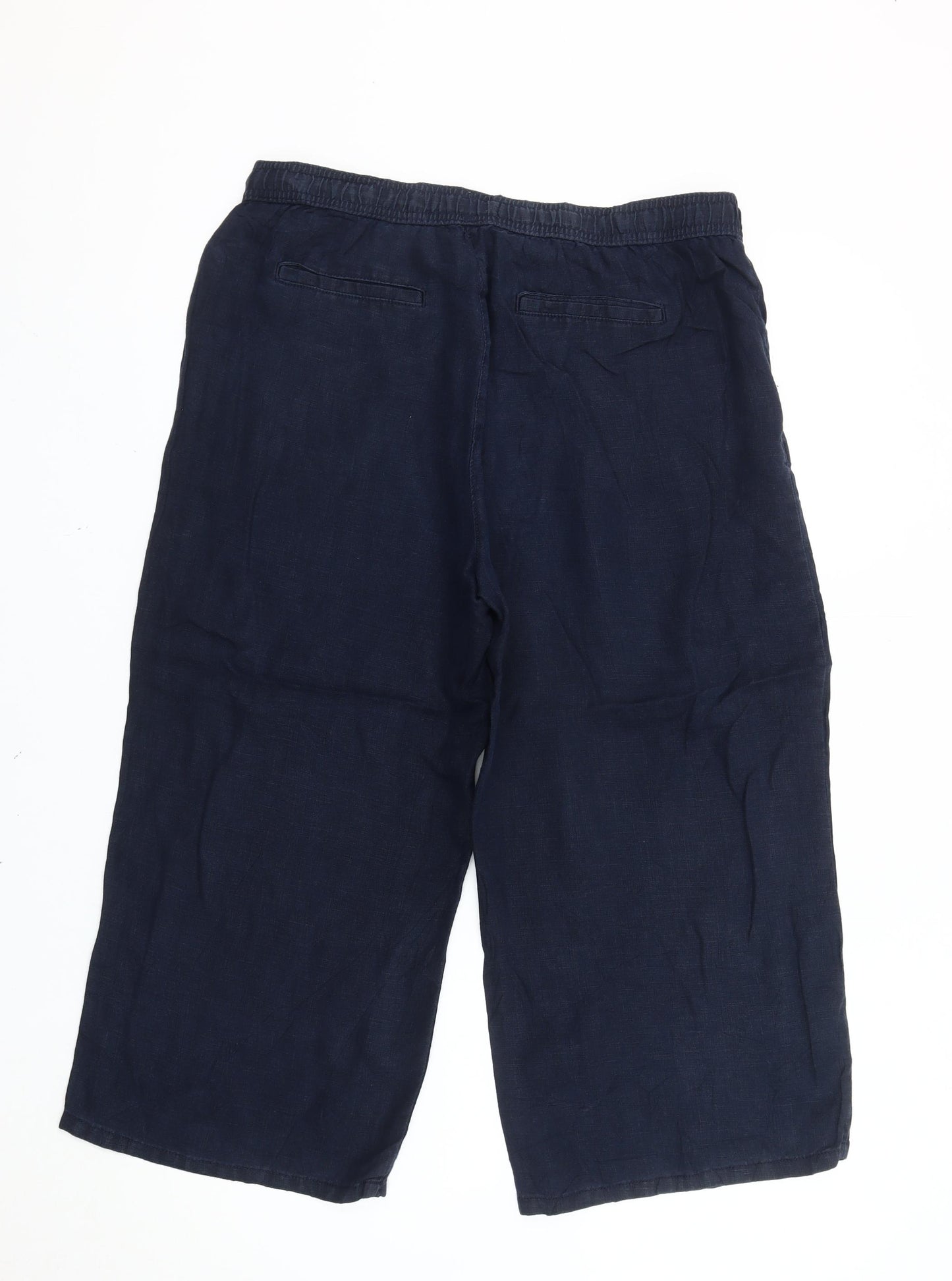 Marks and Spencer Womens Blue Linen Cropped Wide-Leg Trousers Size 14